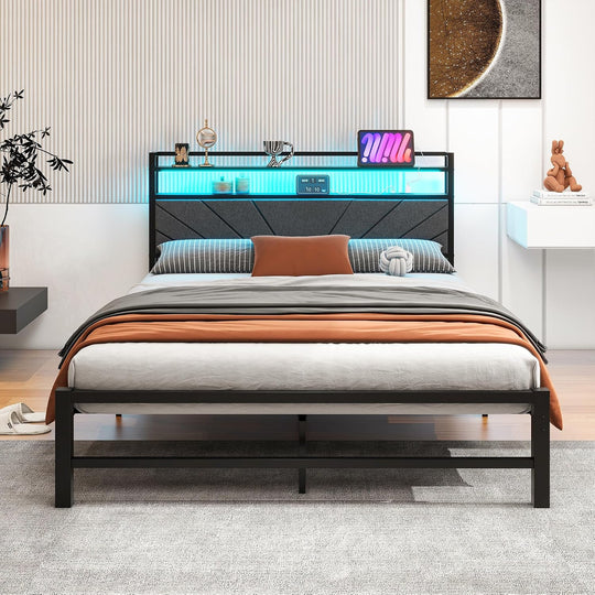 Bed Frame with LED Lights Storage Upholstered Headboard