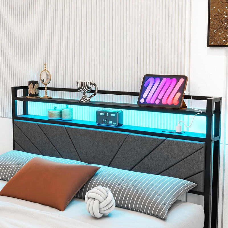 Bed Frame with LED Lights Storage Upholstered Headboard