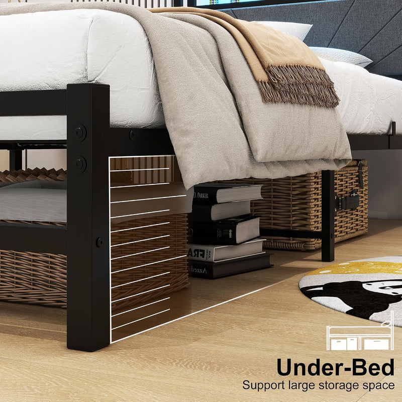 Bed Frame with LED Lights Storage Upholstered Headboard
