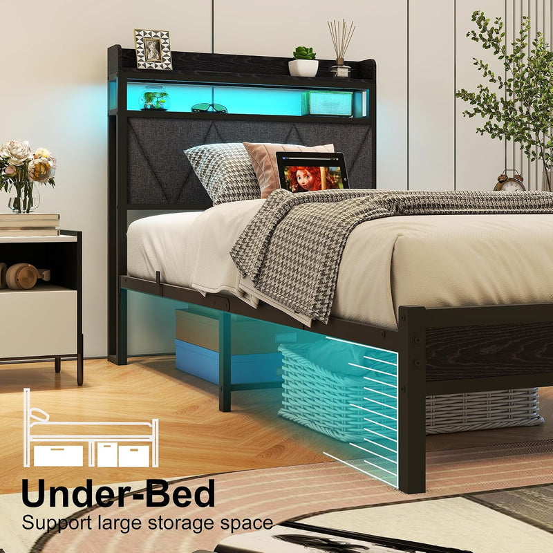 Bed Frame with LED Lights Storage Upholstered Headboard