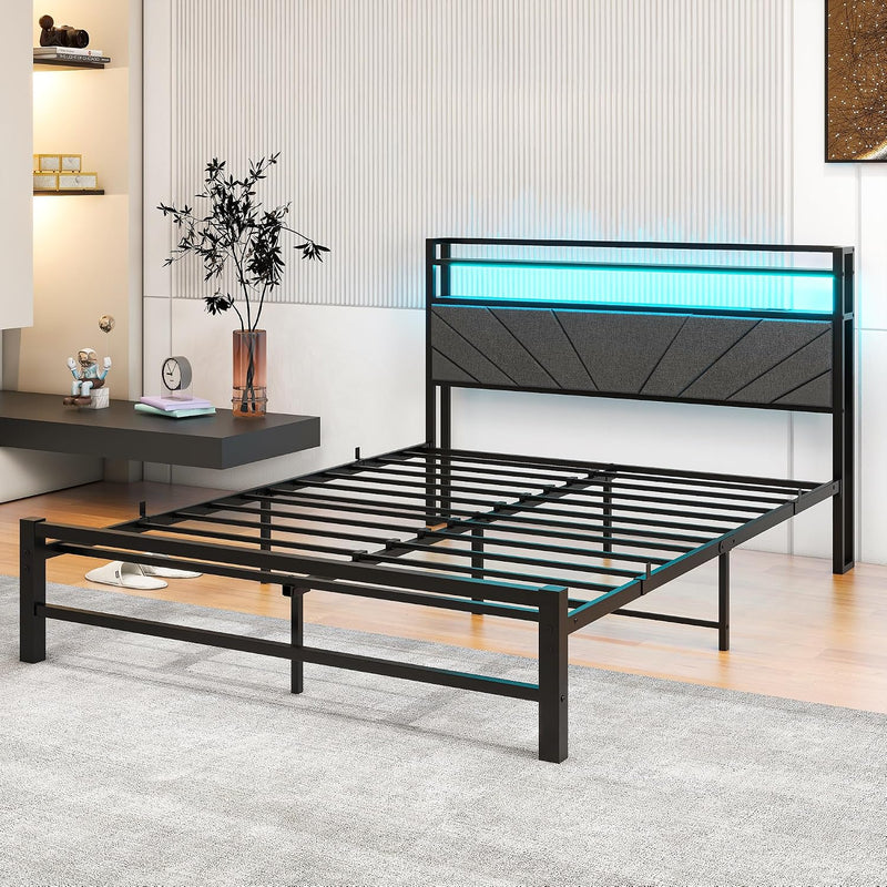 Bed Frame with LED Lights Storage Upholstered Headboard