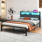Bed Frame with LED Lights Storage Upholstered Headboard