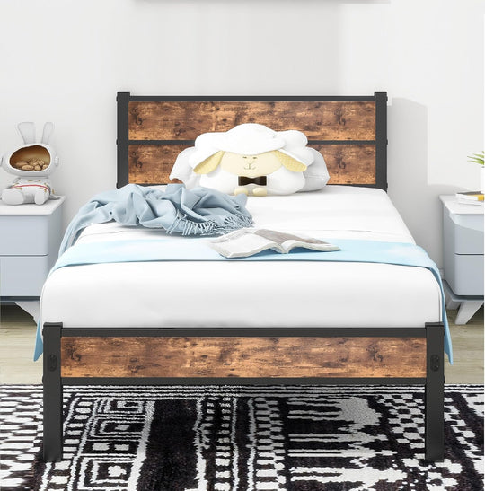 Bed Frame with Wooden Headboard and Footboard Metal