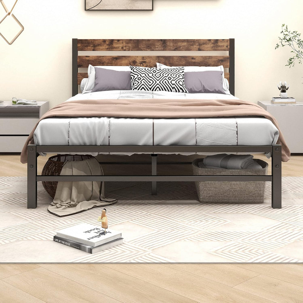 Bed Frame with Rustic Wood Headboard and Footboard
