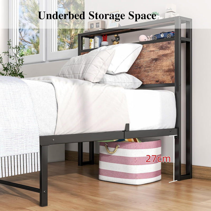 Bed Frame with Storage Headboard Rustic