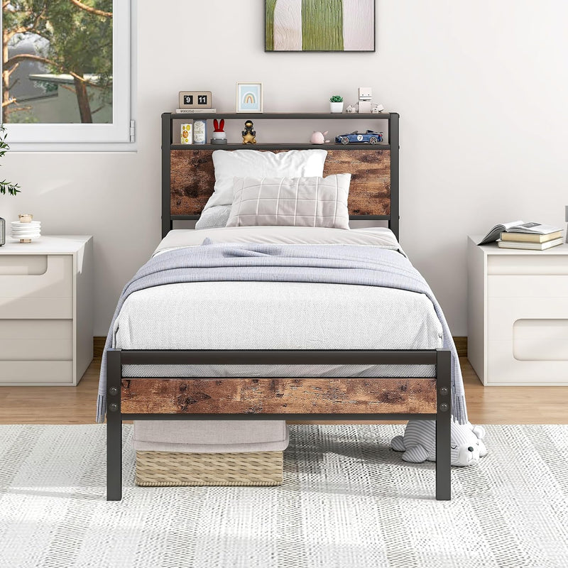 Bed Frame with Storage Headboard Rustic