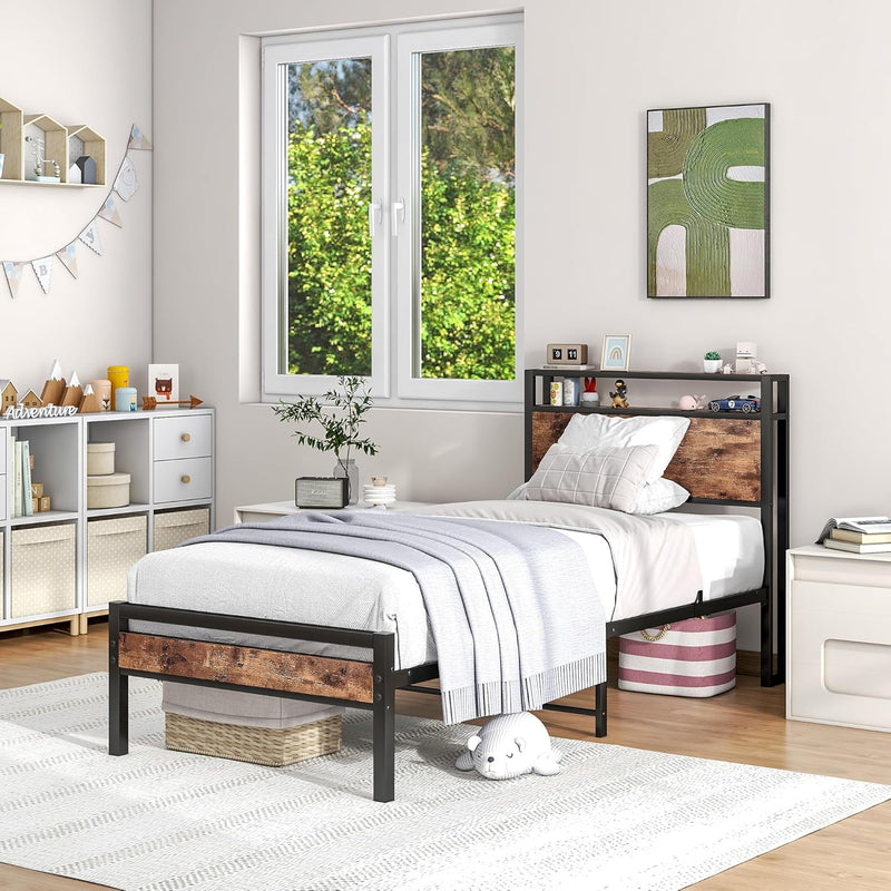 Bed Frame with Storage Headboard Rustic