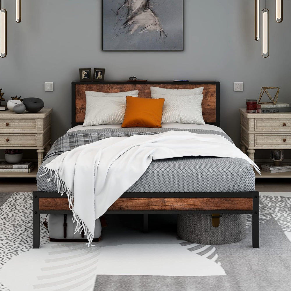 Bed Frame with Storage Headboard Metal Platform Wooden