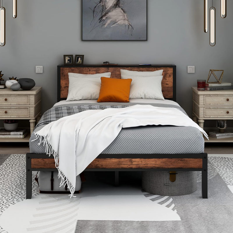 Bed Frame with Storage Headboard Metal Platform Wooden