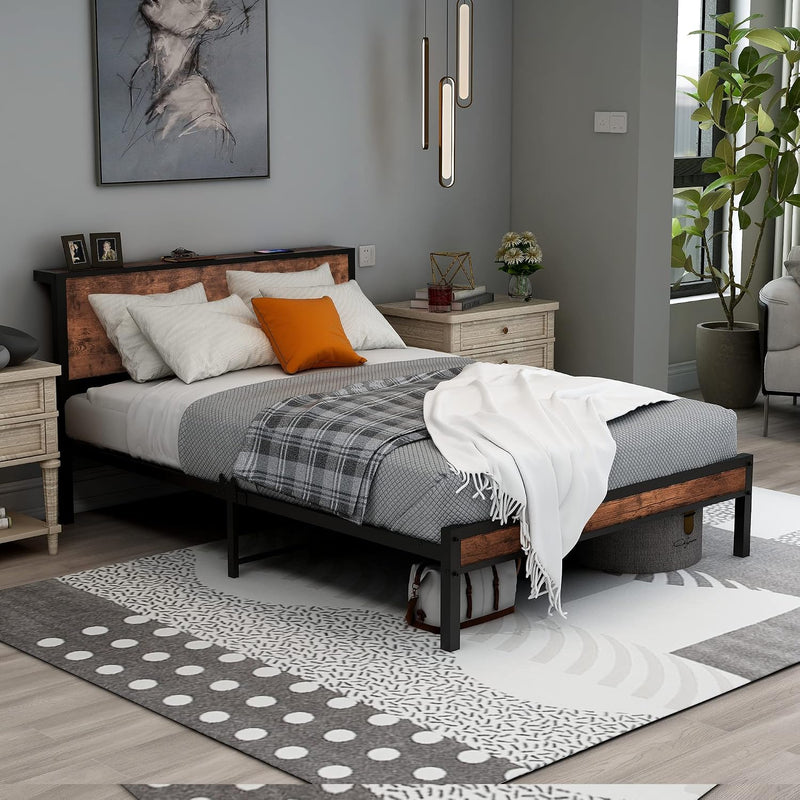 Bed Frame with Storage Headboard Metal Platform Wooden