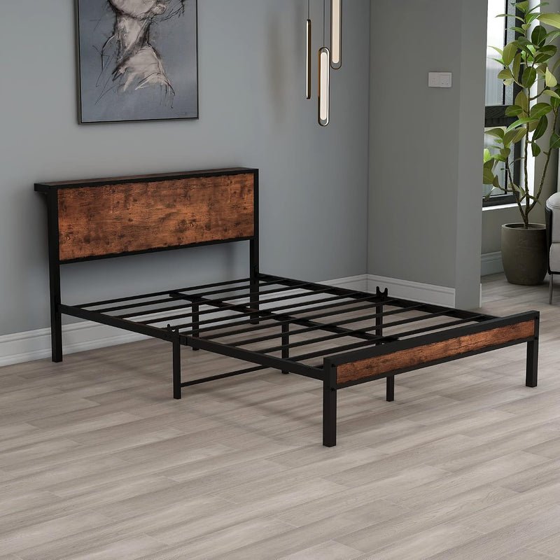 Bed Frame with Storage Headboard Metal Platform Wooden