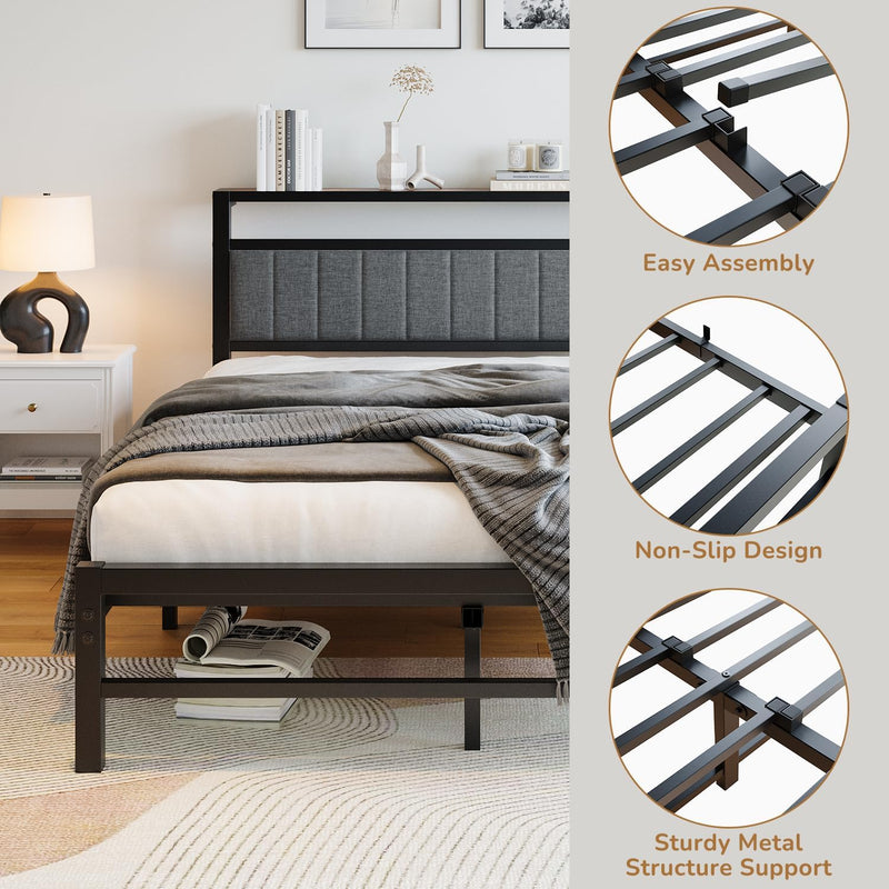 Bed Frame with Storage Headboard Metal Upholstered Platform