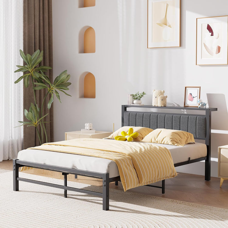 Bed Frame with Storage Headboard Metal Upholstered Platform