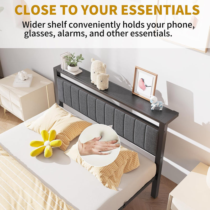 Bed Frame with Storage Headboard Metal Upholstered Platform