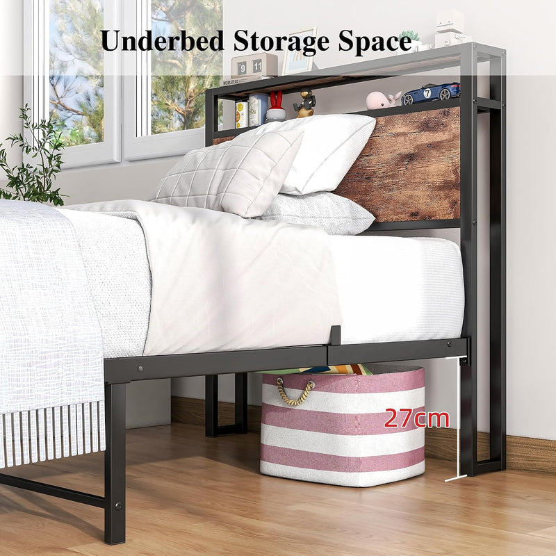 Bed Frame with Storage Headboard Rustic