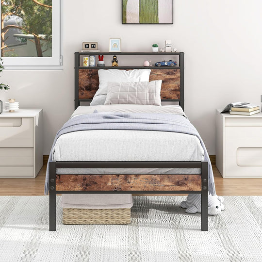 Bed Frame with Storage Headboard Rustic