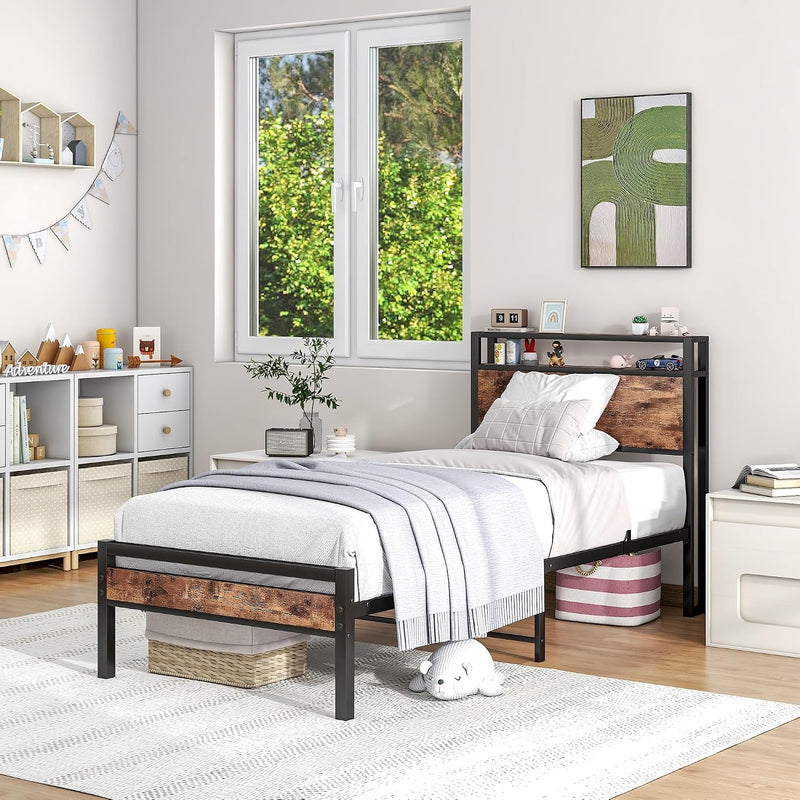 Bed Frame with Storage Headboard Rustic