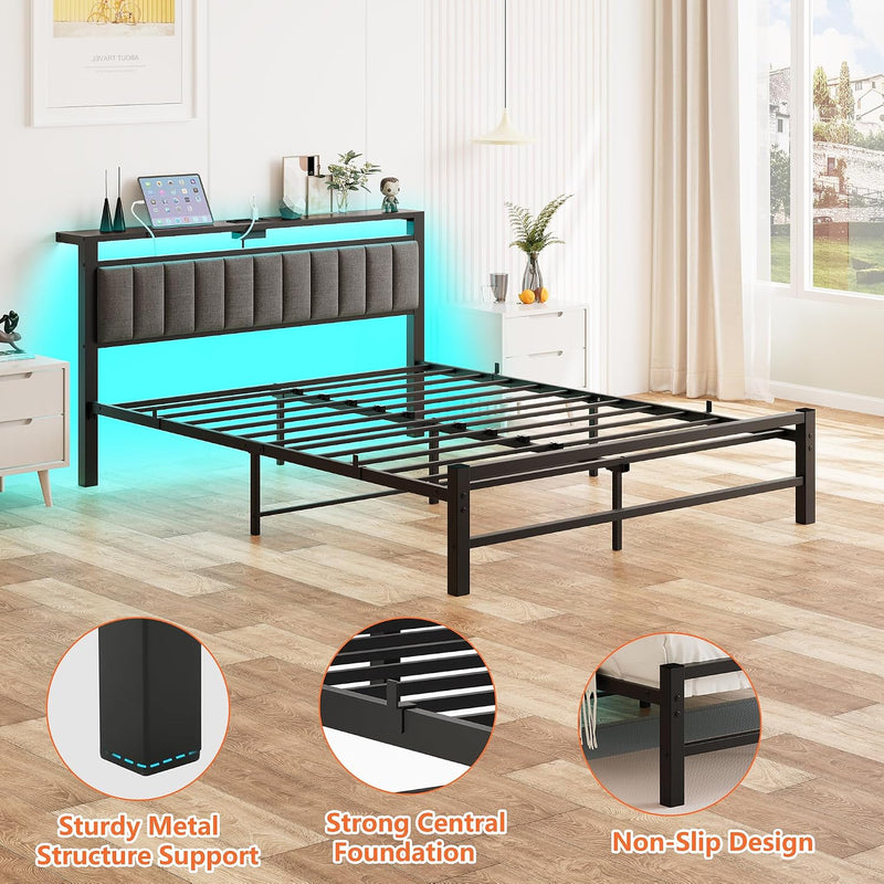 Bed Frame with Storage Headboard Upholstered Kingsize Charging