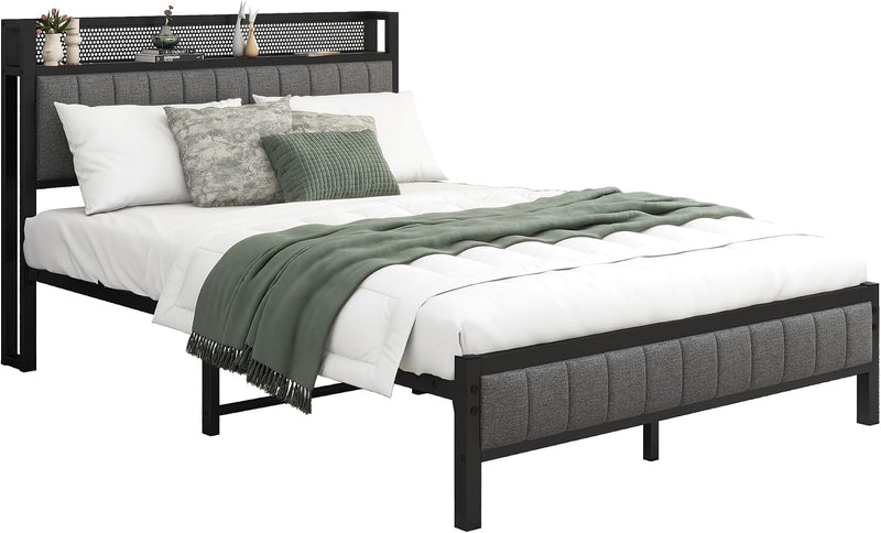 Bed Frame with Storage Headboard Upholstered Platform Mattress