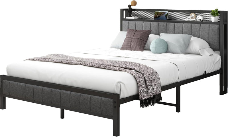 Bed Frame with Storage Headboard Upholstered Platform Mattress