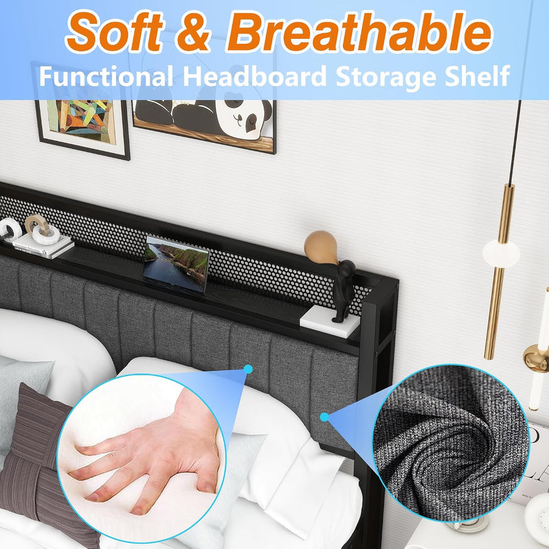 Bed Frame with Storage Headboard Upholstered Platform Mattress