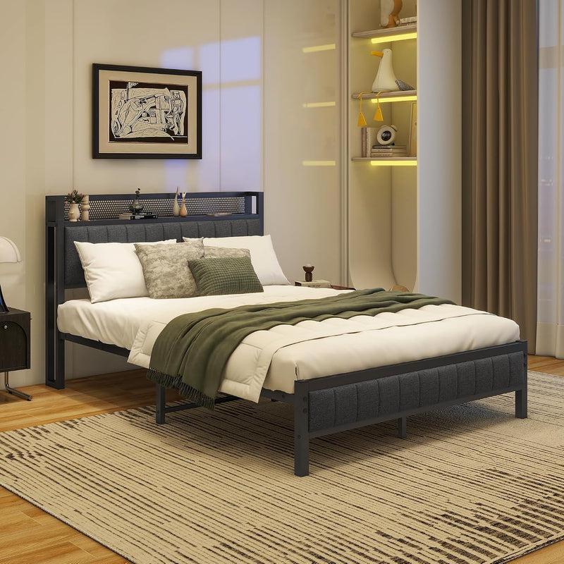 Bed Frame with Storage Headboard Upholstered Platform Mattress