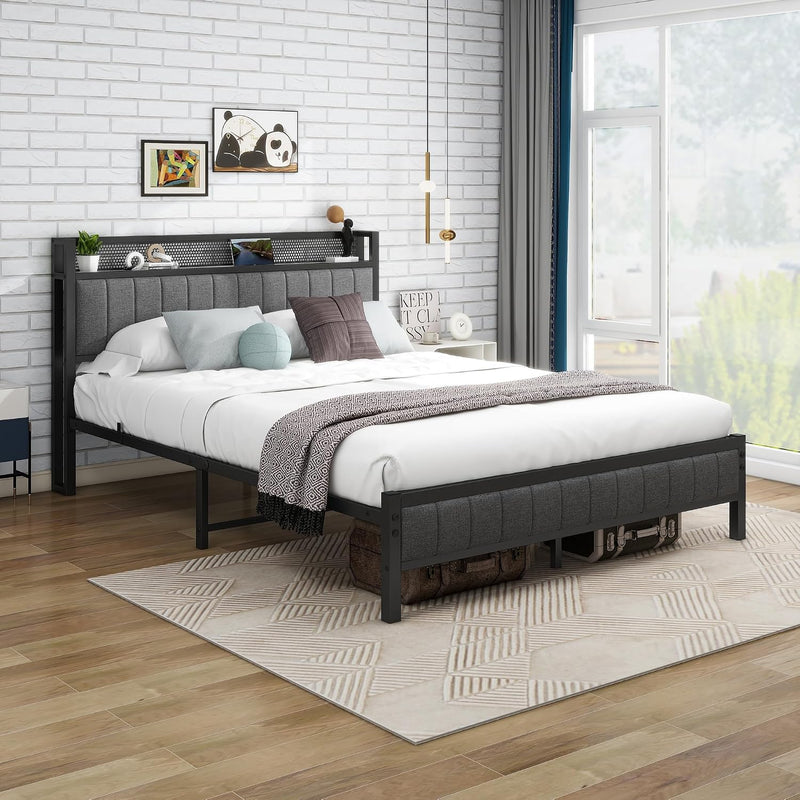 Bed Frame with Storage Headboard Upholstered Platform Mattress
