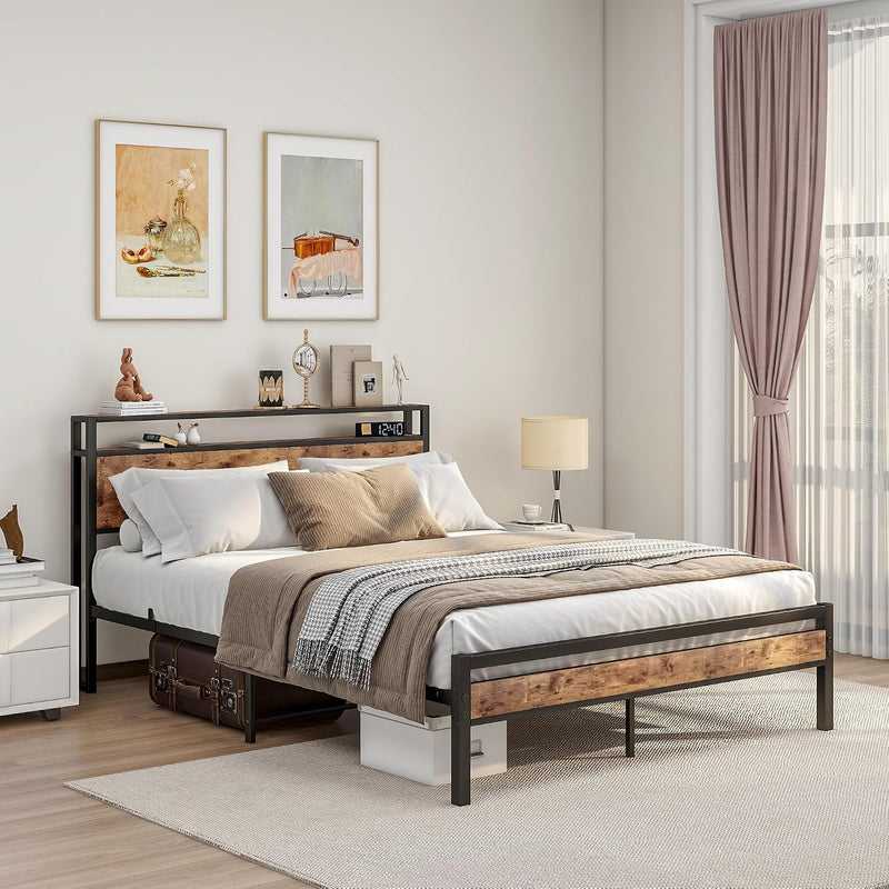 Bed Frame with Storage Headboard Wooden Metal Platform