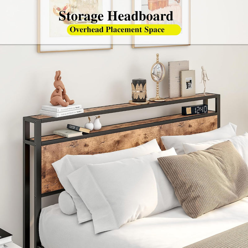 Bed Frame with Storage Headboard Wooden Metal Platform