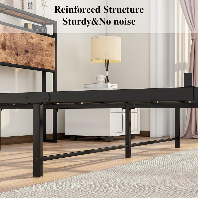 Bed Frame with Storage Headboard Wooden Metal Platform