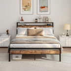 Bed Frame with Storage Headboard Wooden Metal Platform