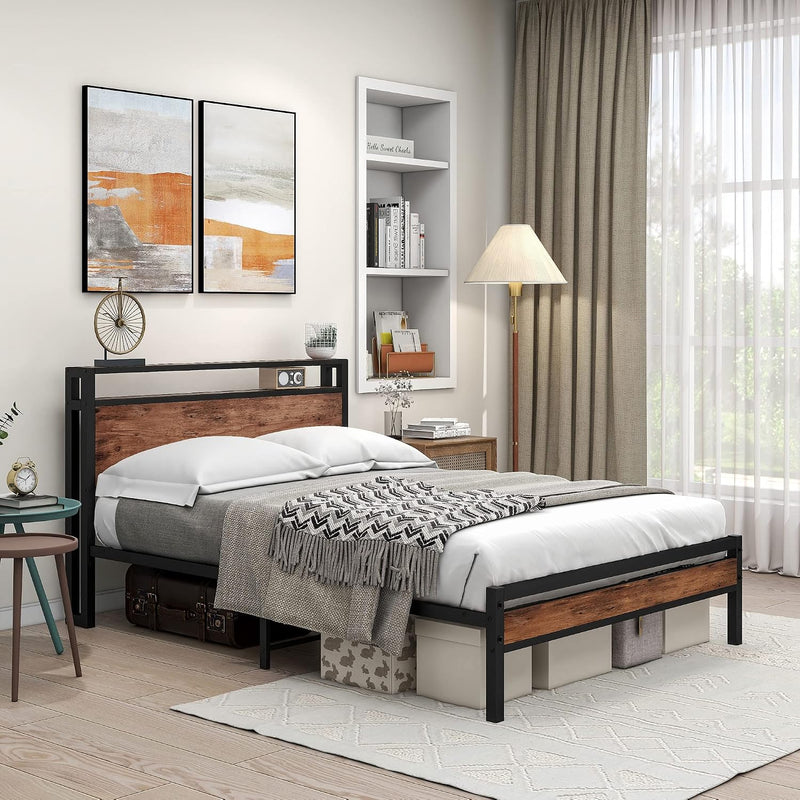 Bed Frame with Storage Headboard Wooden Metal Platform