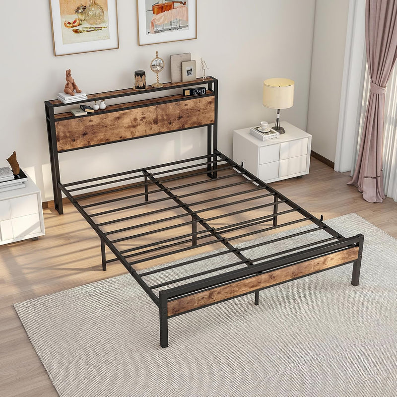 Bed Frame with Storage Headboard Wooden Metal Platform