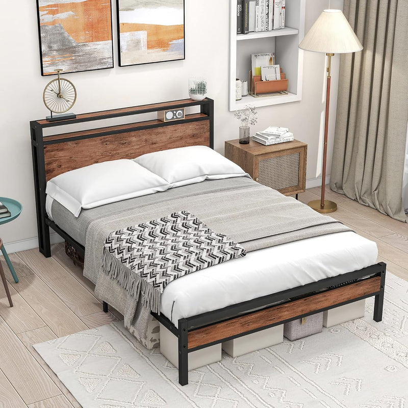 Bed Frame with Storage Headboard Wooden Metal Platform