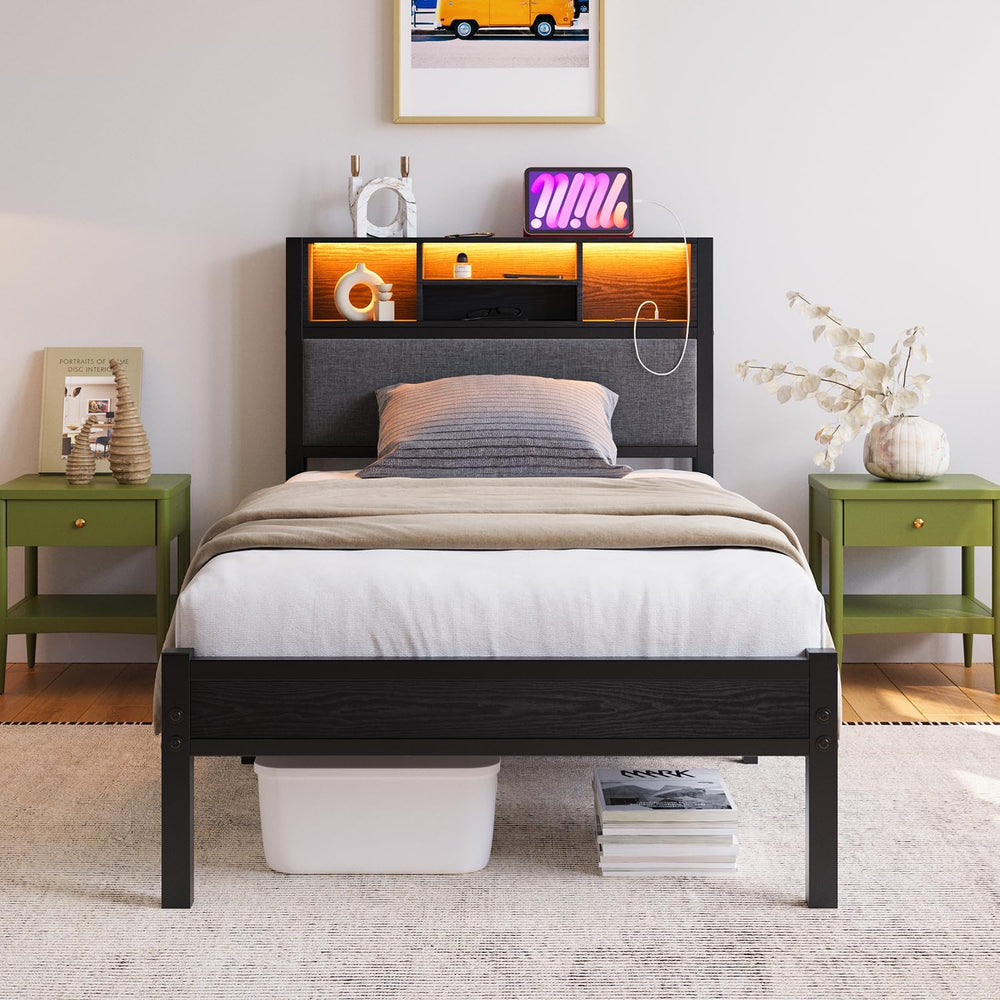 Bed Frame with Storage Shelf Upholstered Headboard