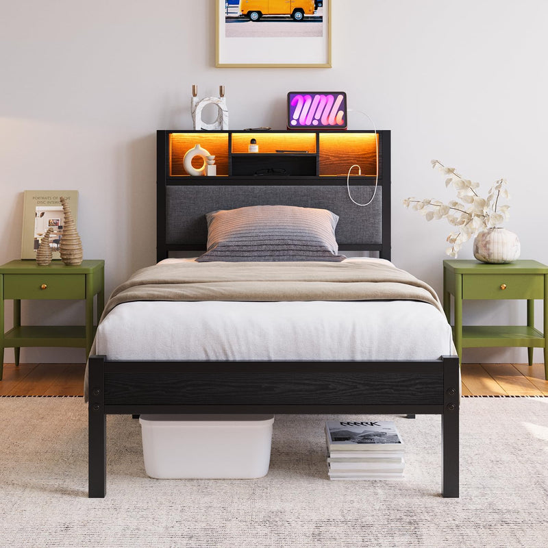 Bed Frame with Storage Shelf Upholstered Headboard