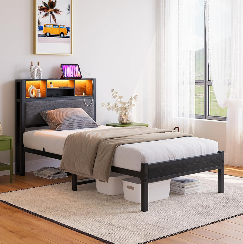 Bed Frame with Storage Shelf Upholstered Headboard