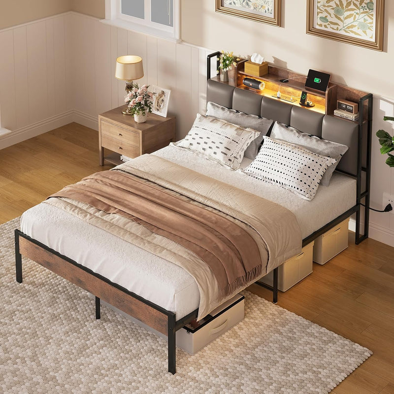 Bed Frame with Storage Upholstered Headboard