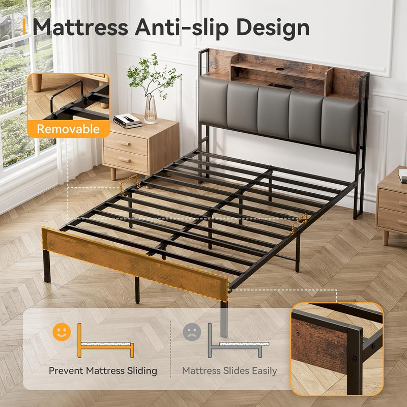 Bed Frame with Storage Upholstered Headboard