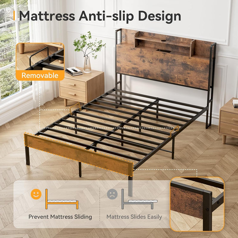 Bed Frame with Storage Wooden Headboard