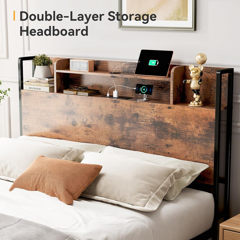 Bed Frame with Storage Wooden Headboard