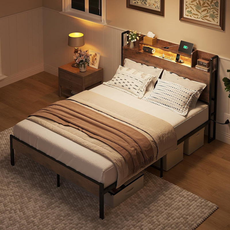 Bed Frame with Storage Wooden Headboard