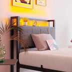 Bed Frame with Storage Wooden Headboard Metal Upholstered