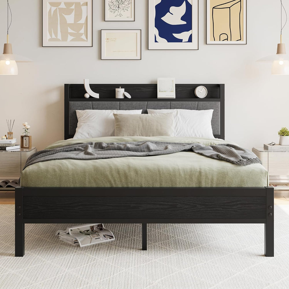 Bed Frame with Storage Wooden Headboard Metal Upholstered