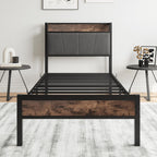Bed Frame with Storage Wooden Headboard Metal Upholstered