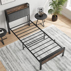 Bed Frame with Storage Wooden Headboard Metal Upholstered