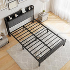 Bed Frame with Storage Wooden Headboard Metal Upholstered