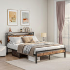 Bed Frame with Storage Wooden Headboard Shelf Metal