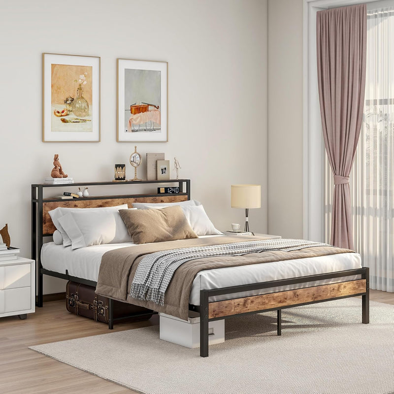 Bed Frame with Storage Headboard Rustic