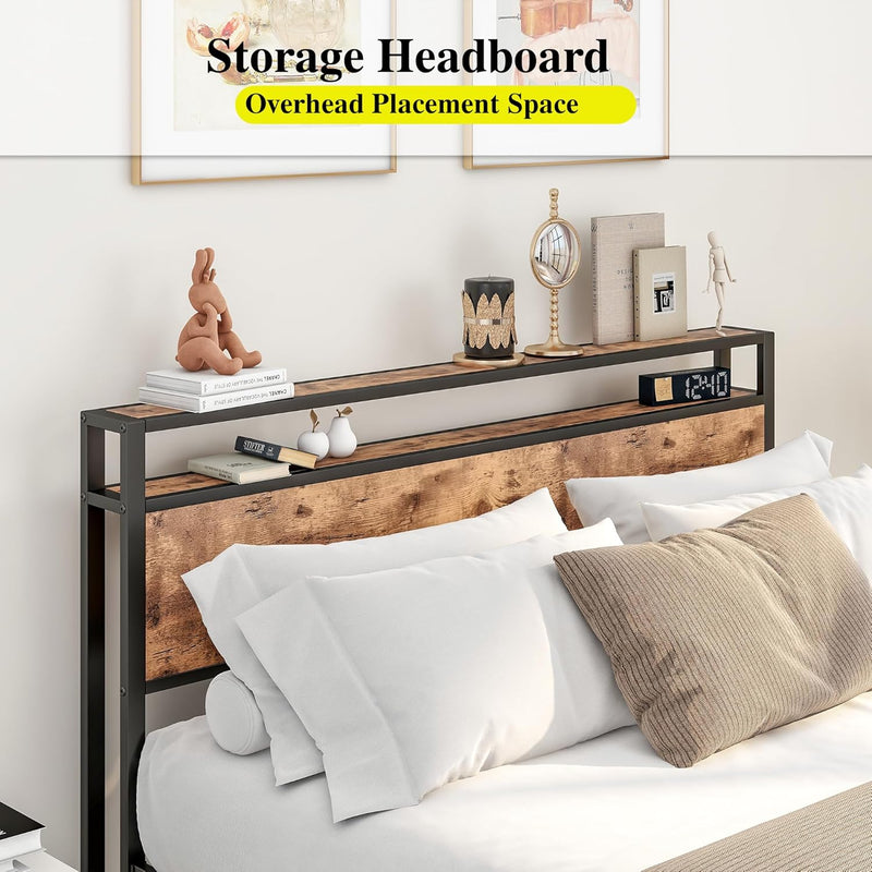 Bed Frame with Storage Headboard Rustic